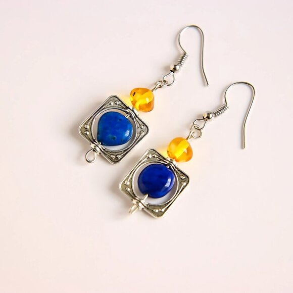 Lapis Lazuli and Baltic Amber Dangle Boho Earrings - Picture 3 of 3